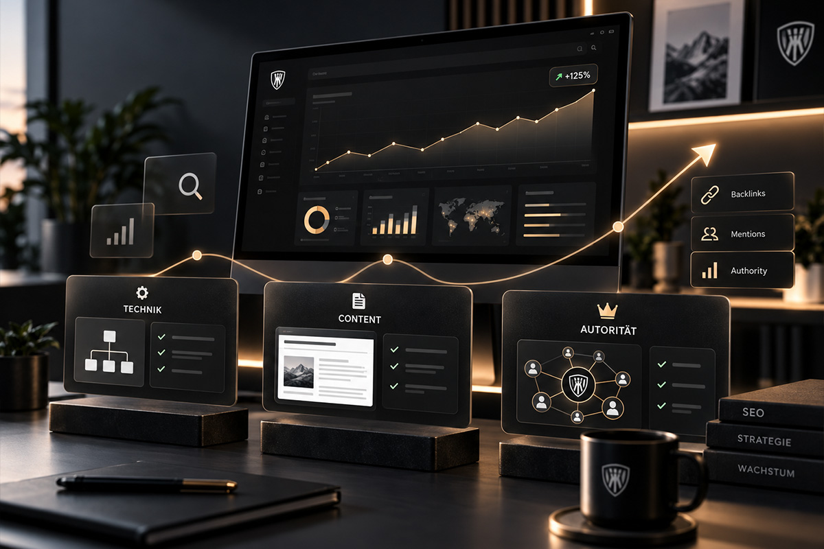Visualisierung einer SEO-Analyse mit Rankings, Keywords und Seitenstruktur